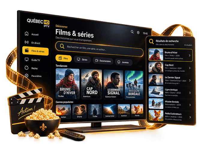Interface Québec HD IPTV pour films, séries et recherche de contenu